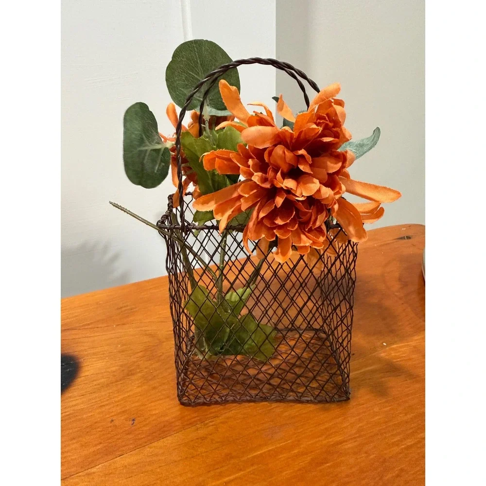 Rustic Brown Metal Chicken Wire Basket with Faux Orange Flowers Farmhouse Decor